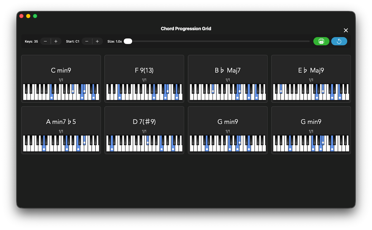 Chord Charts feature showing progressions in a clear grid with piano snapshots for every chord, with high-quality printing capabilities