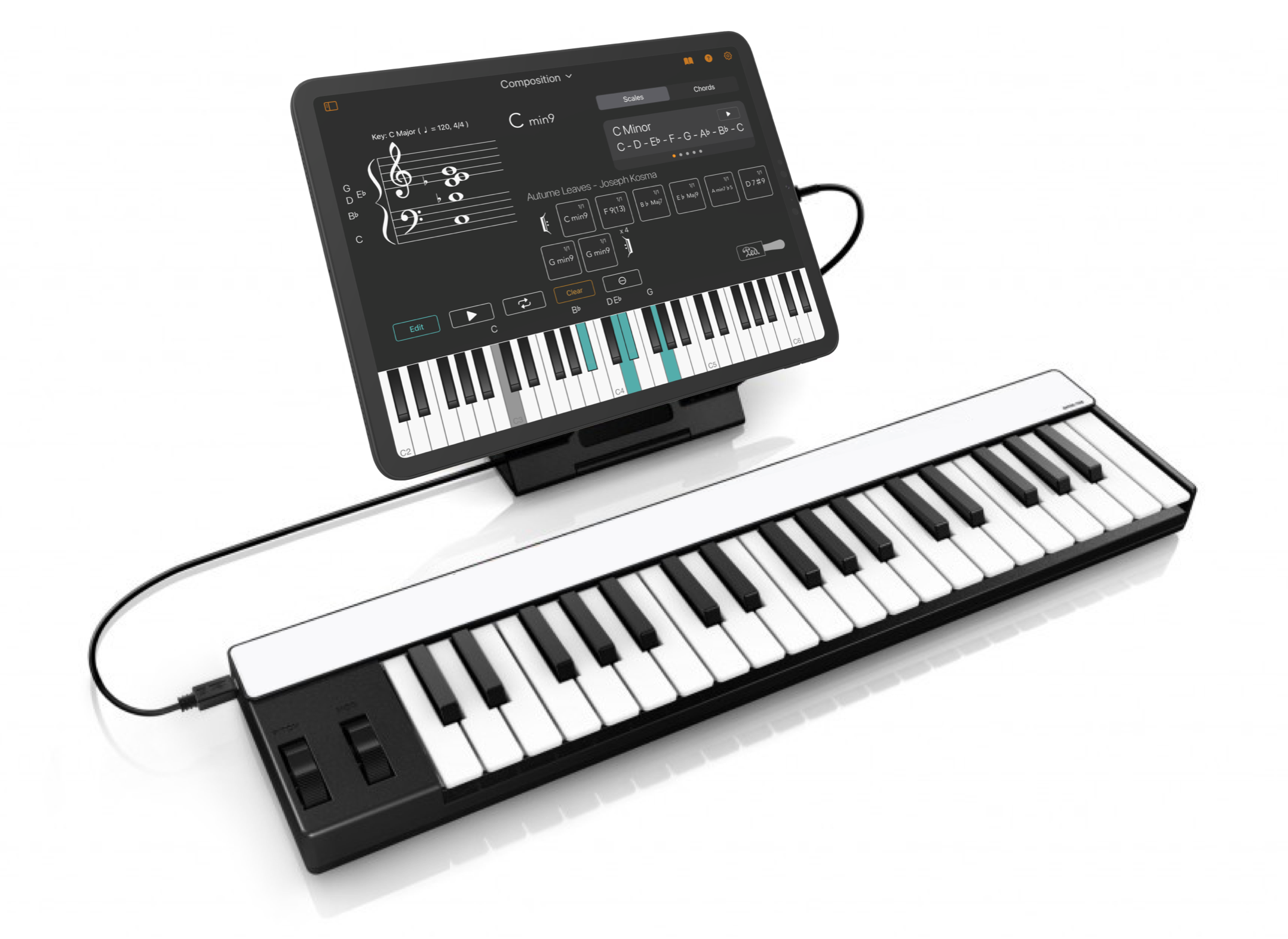 Chordio connects to a MIDI Keyboard