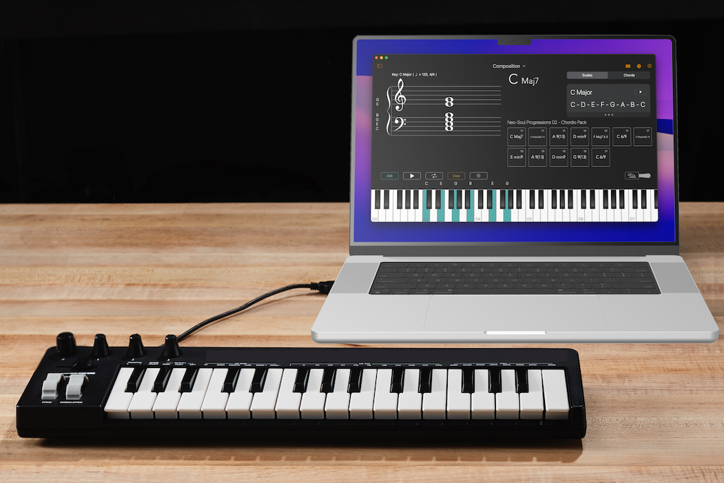 Chordio for connects a MIDI Keyboard for Real-Time chord display on a Music Staff.