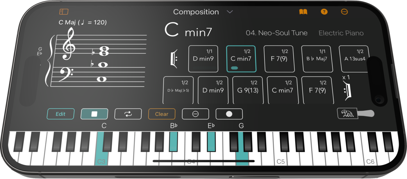 Chordio running on an iPhone in landscape, showing a Neo-Soul progression and the piano keyboard