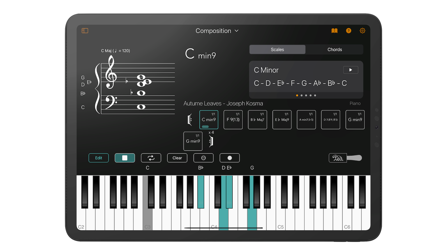 Chordio running on an iPad, showing a C min9 chord with the scale notes highlighted on the keyboard