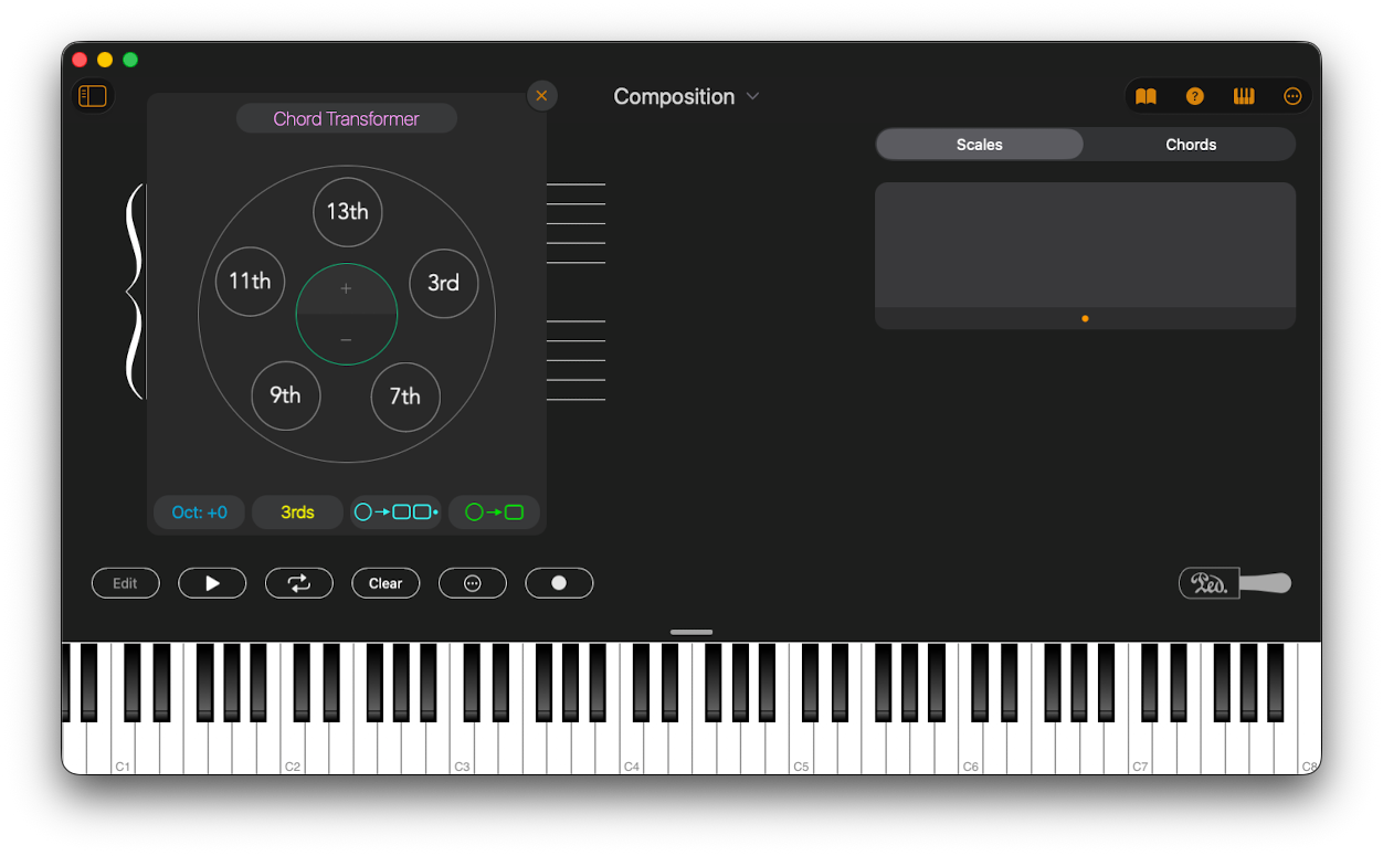 Chordio's Chord Transformer wheel extending a chord with 3rds, 7ths, 9ths, 11ths and 13ths