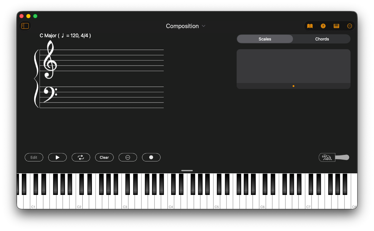 Chordio's Composition workspace with the grand staff, chord tools and a full piano keyboard