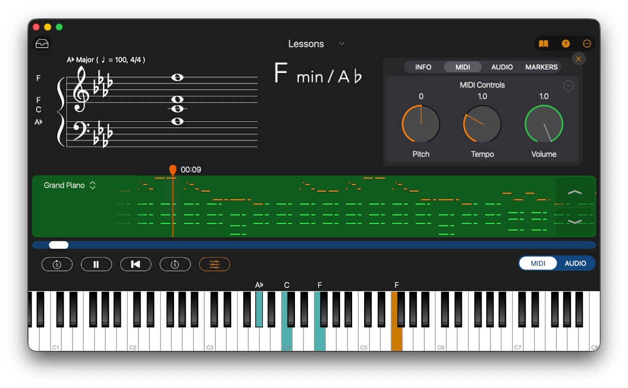 Chordio's Lessons workspace with a visual play-along lesson and per-hand controls