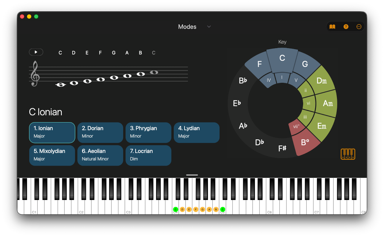 Chordio's Modes workspace with a colour-coded circle of fifths and the seven modes from Ionian to Locrian