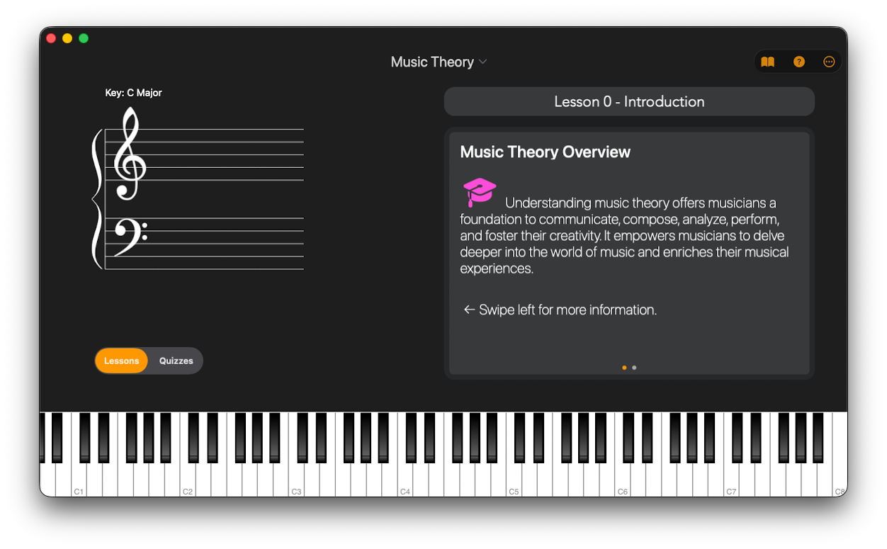 Chordio's Music Theory workspace showing an interactive lesson on scales and chords