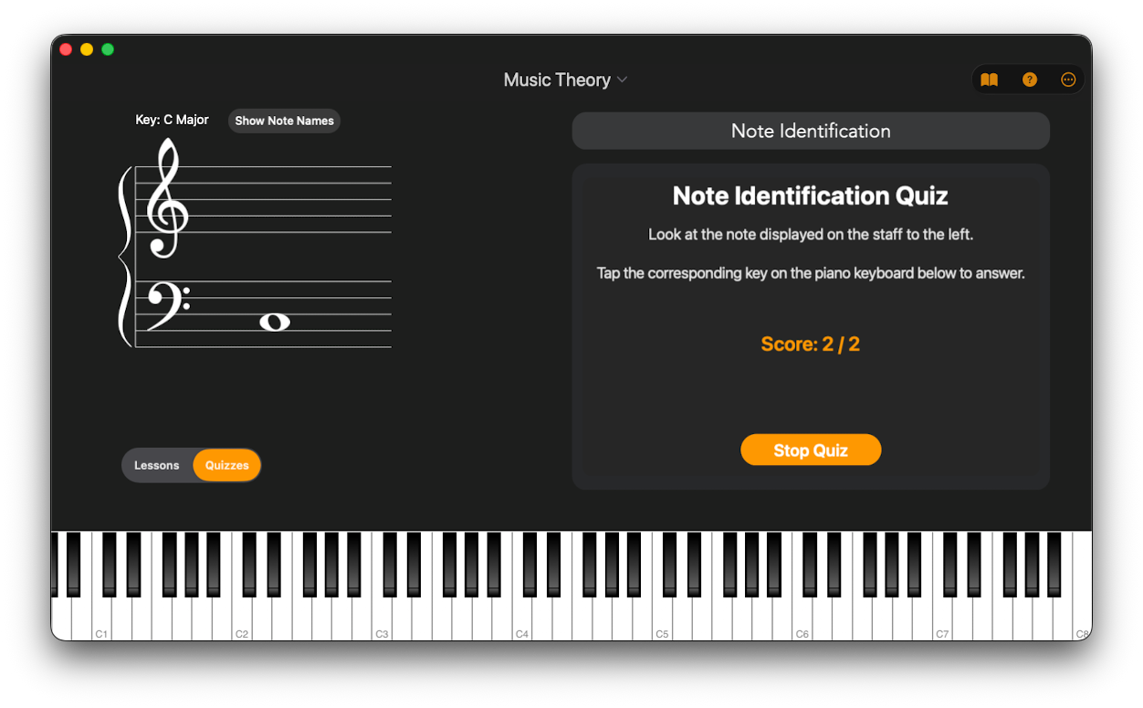 Chordio's note identification quiz with a live score