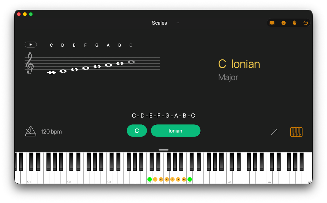 Chordio's Scales workspace showing C Ionian on the staff with the scale notes highlighted on the keyboard