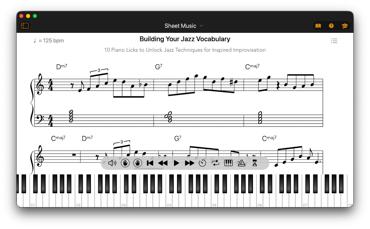 Chordio's interactive Sheet Music workspace playing a jazz piano piece with transport and practice controls