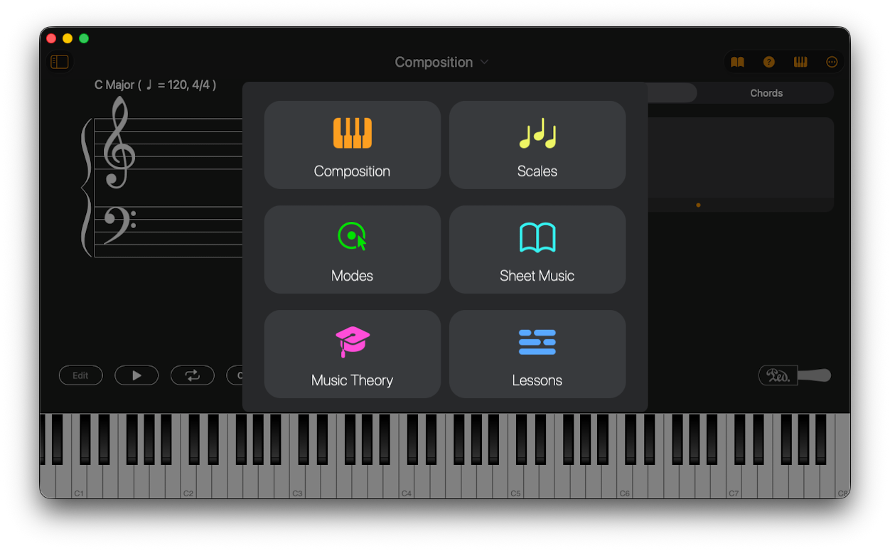 The Chordio workspace switcher showing Composition, Scales, Modes, Sheet Music, Music Theory and Lessons